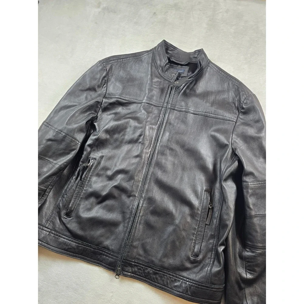 Banana Republic Leather Jacket Mens Large Black Cafe Racer Moto Biker Soft!